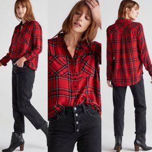 Lucky Brand Plaid Red Long Sleeve 1/2 Button Tunic Top Preppy Size XS